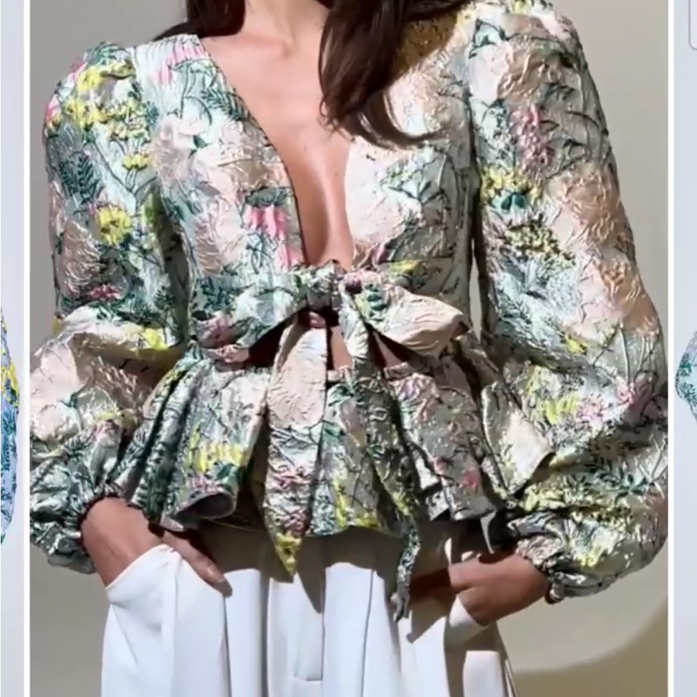 AKIRA Floral Tie-Front Puff Sleeve Blouse in Pale Pink, Green & Yellow - Picture 5 of 10